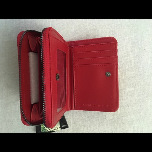 Badgley Mischka Small Red Zip Coin ID Card Wallet Vegan Croco Leather Black Logo - Picture 7 of 11